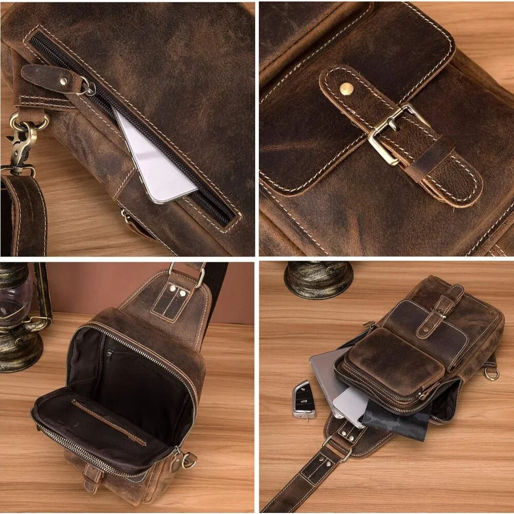 ✨Le'aokuu Men Brown Casual Travel Hiking Chest Bag Rig One Shoulder Strap Bags